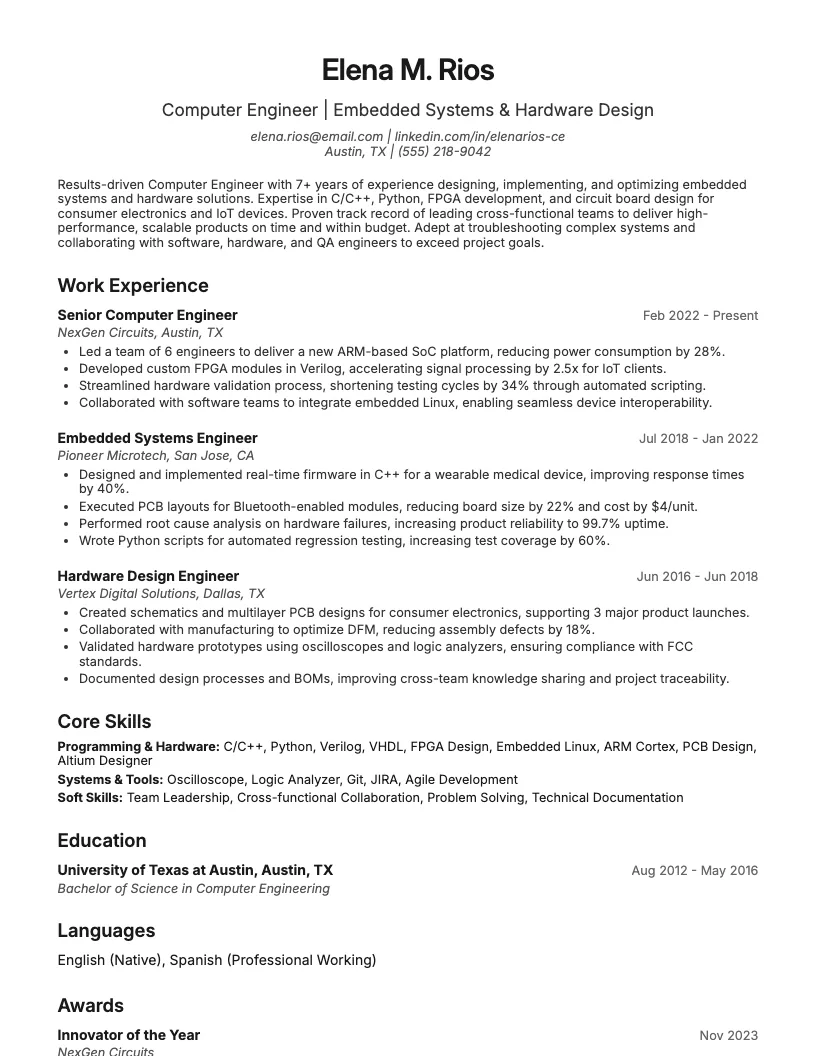 Computer Engineering Resume Example