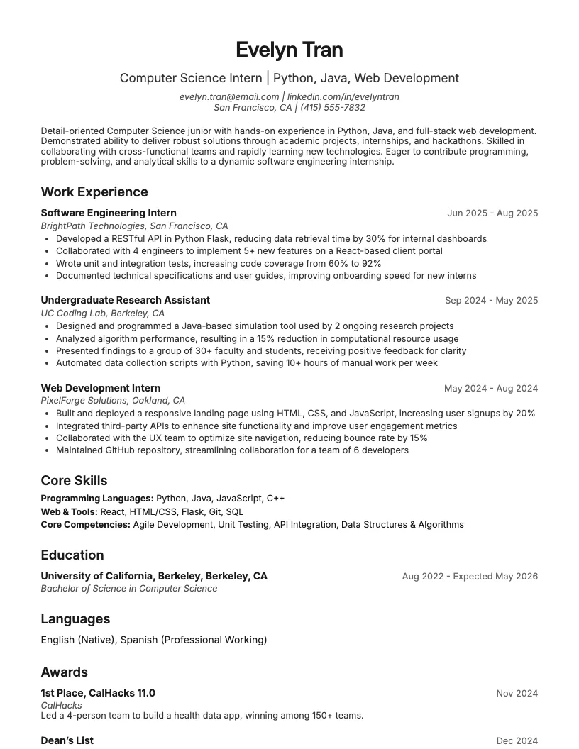 Computer Science Internship Resume Example