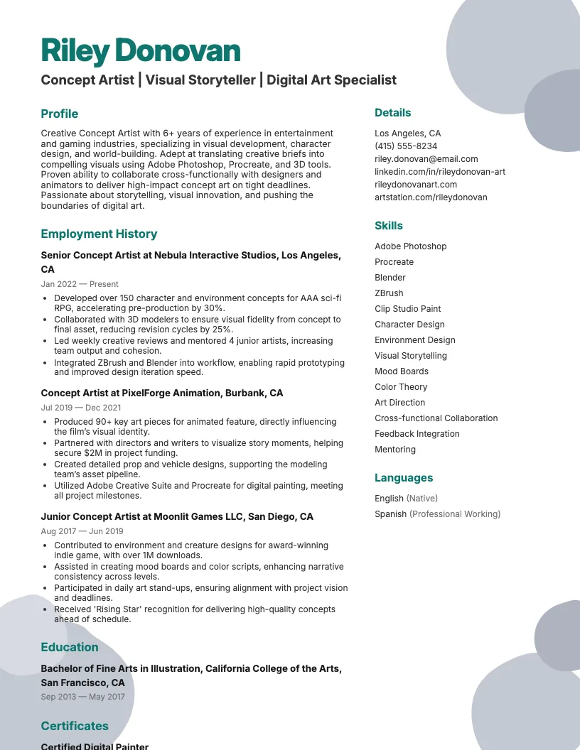 Concept Artist Resume Example