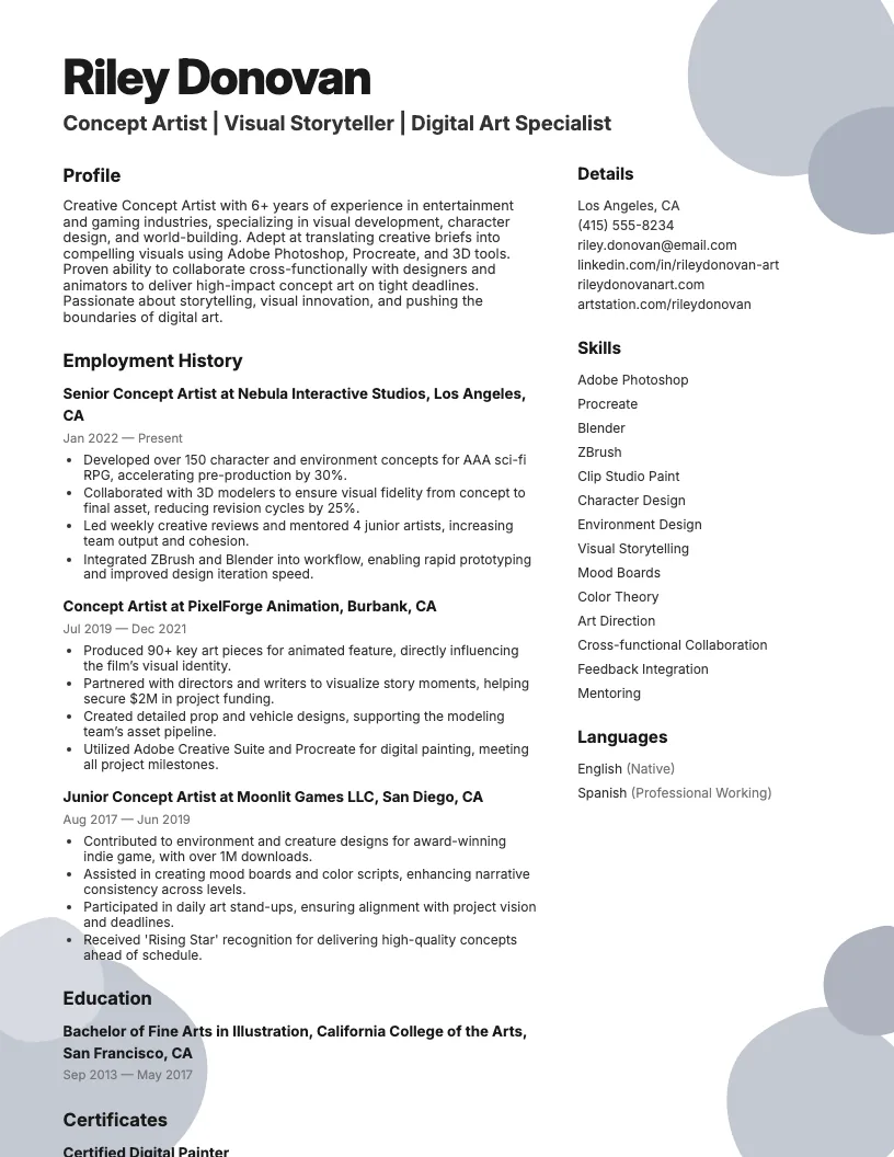 Concept Artist Resume Example