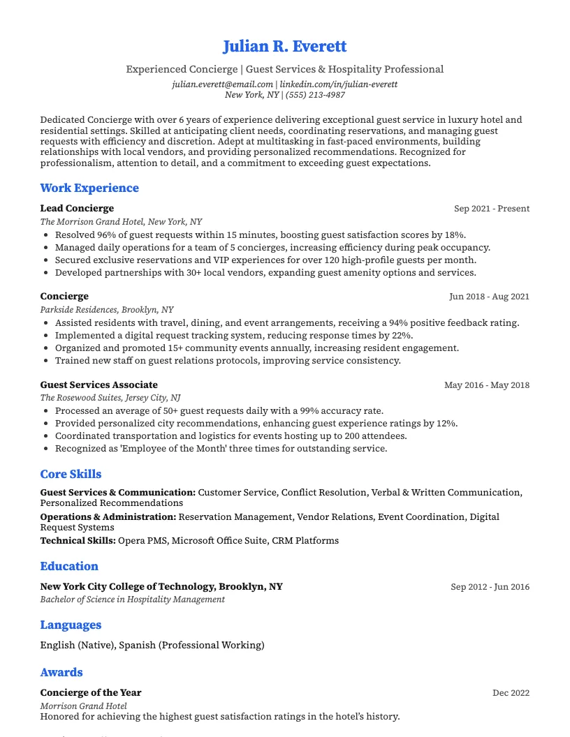 Concierge Resume Example