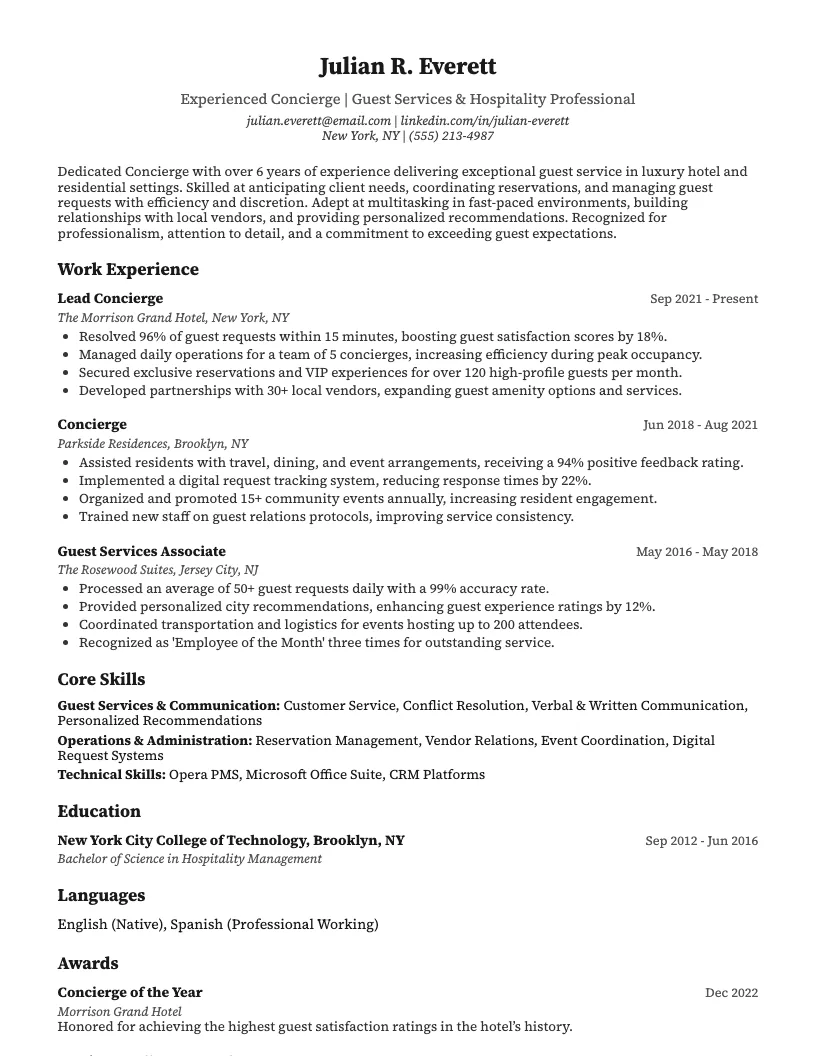 Concierge Resume Example