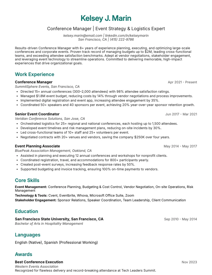 Conference Manager Resume Example