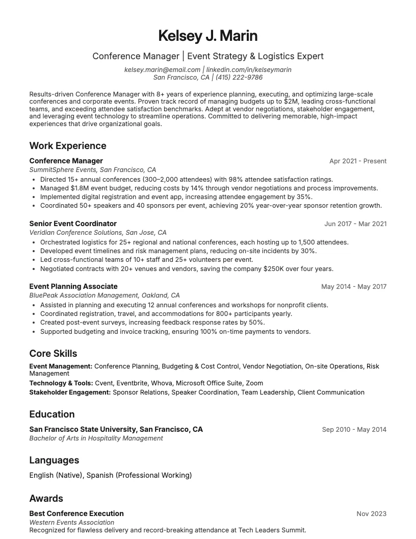 Conference Manager Resume Example