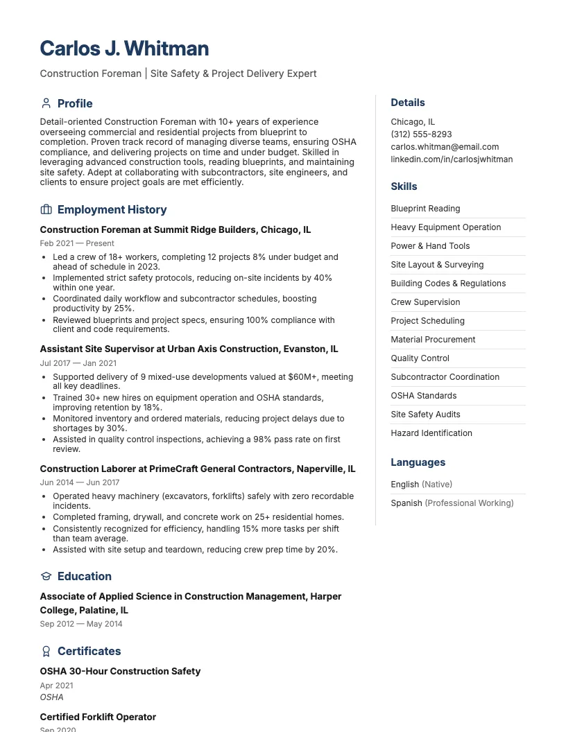 Construction Resume Examples Resume Example