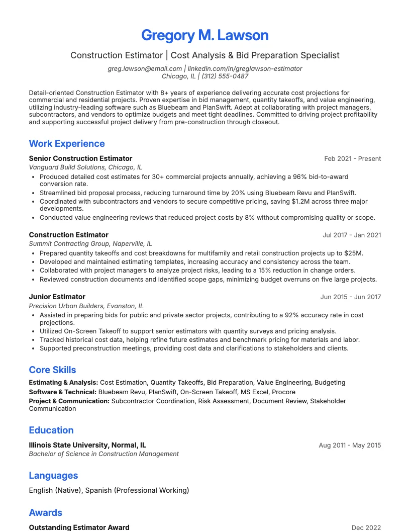 Construction Estimator Resume Example