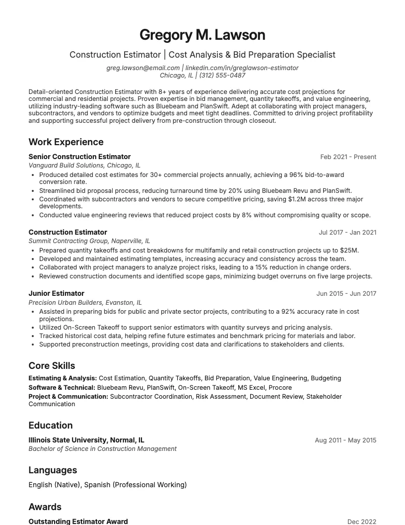 Construction Estimator Resume Example