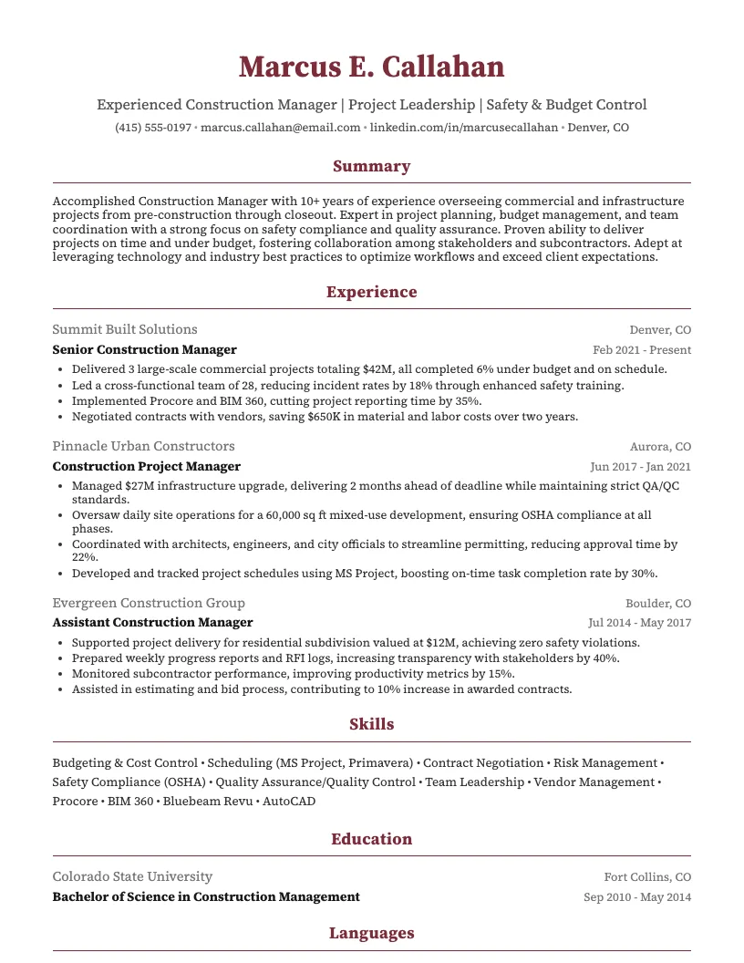 Construction Manager Resume Example