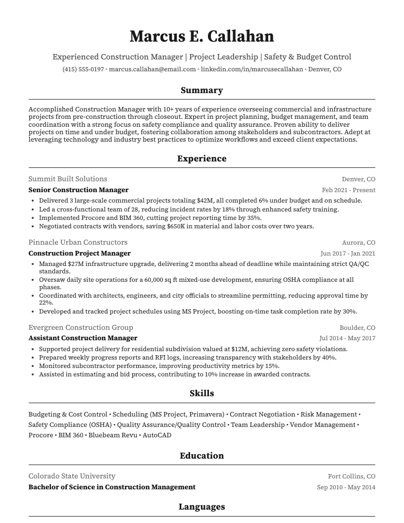 Construction Manager Resume Example