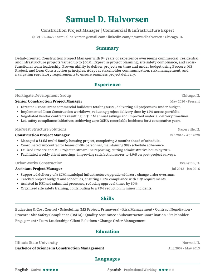 Construction Project Manager Resume Example