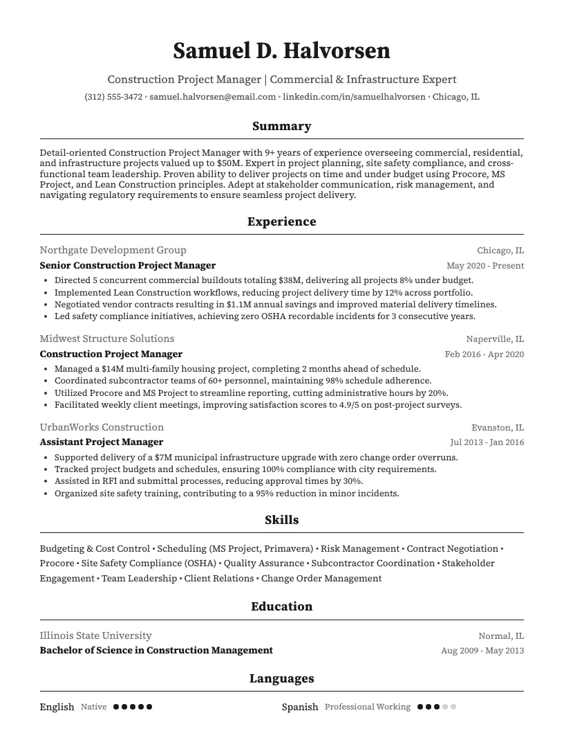 Construction Project Manager Resume Example