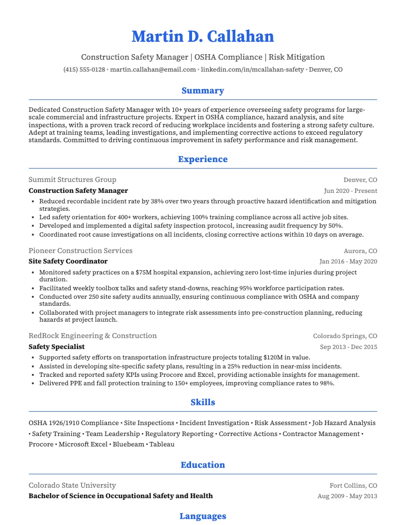 Construction Safety Manager Resume Example