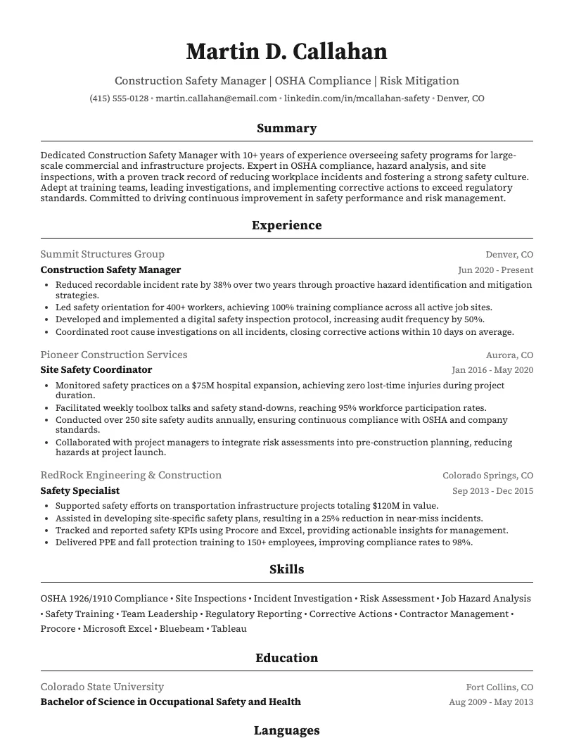 Construction Safety Manager Resume Example
