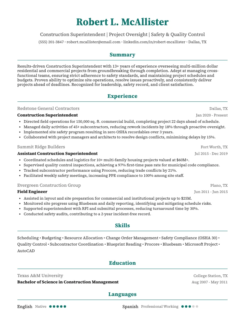 Construction Superintendent Resume Example