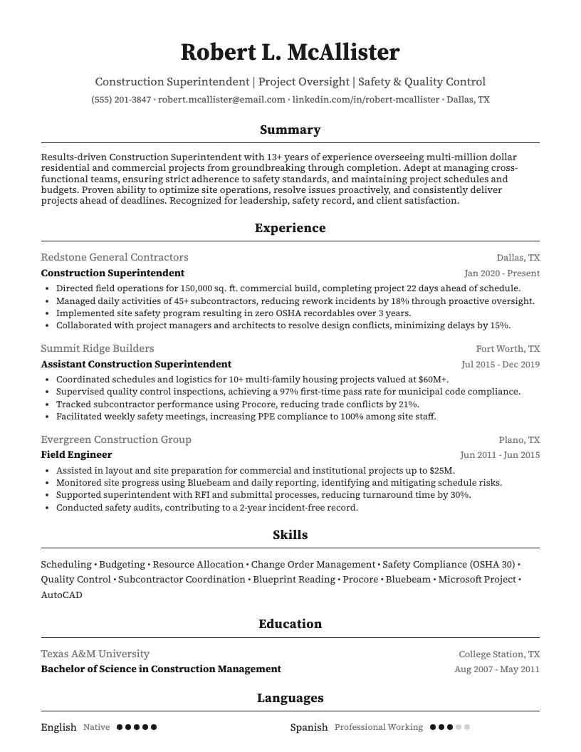Construction Superintendent Resume Example