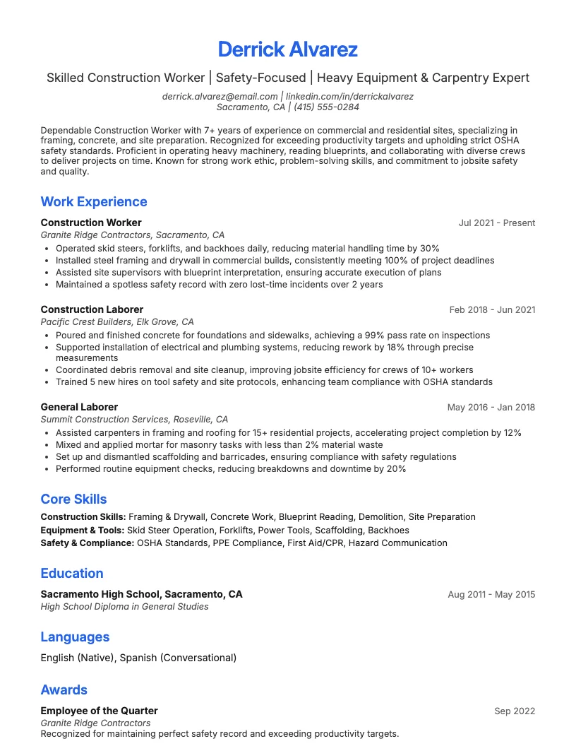 Construction Worker Resume Example
