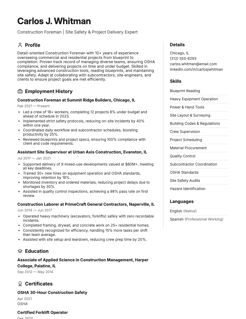 Construction Resume Example