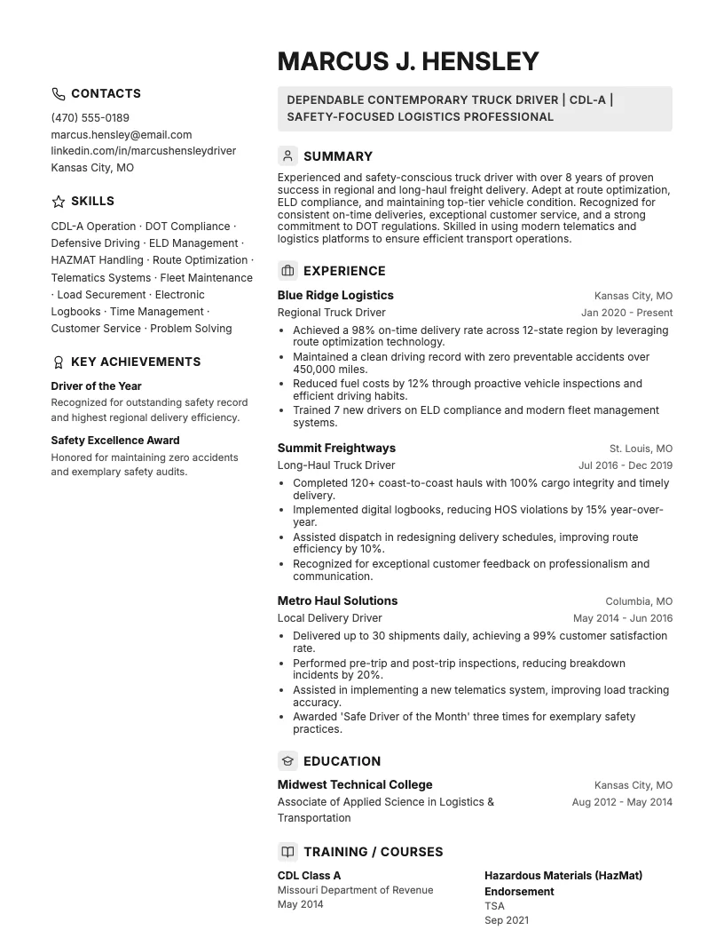 Contemporary Truck Driver Resume Example