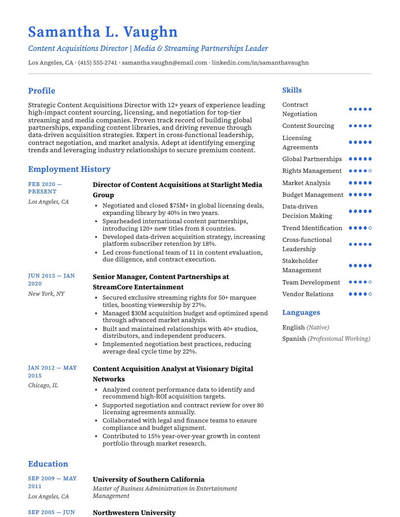 Content Acquisitions Director Resume Example