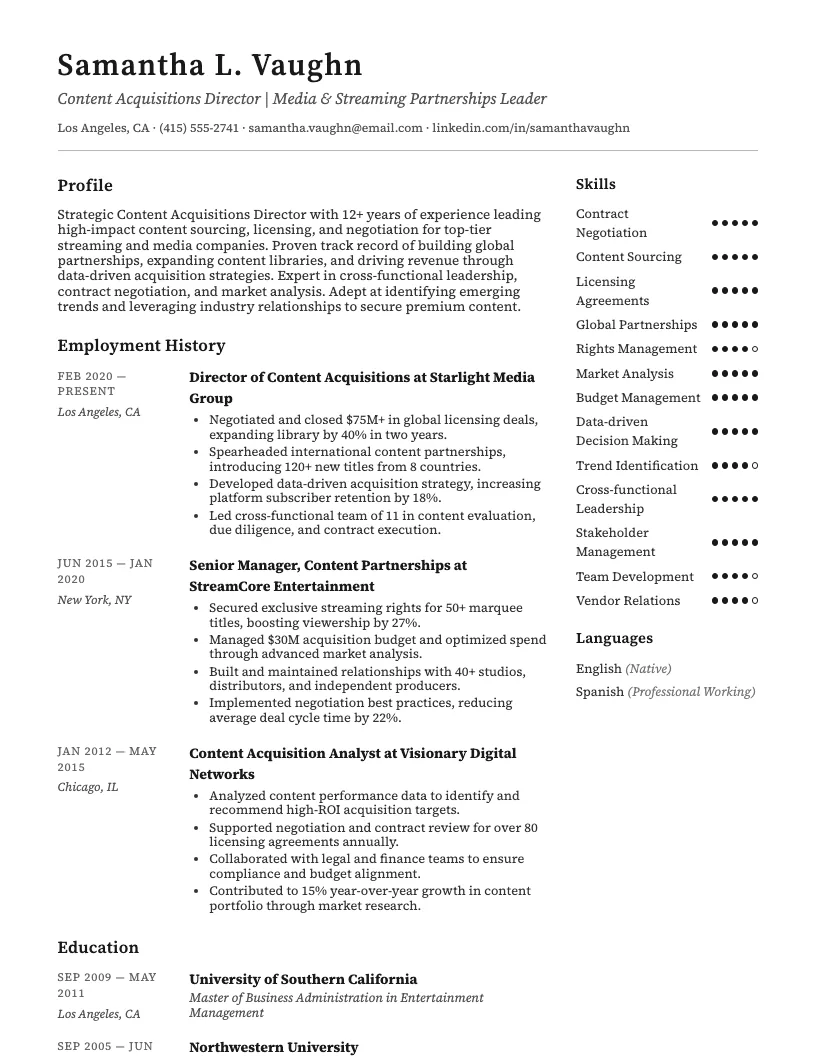 Content Acquisitions Director Resume Example