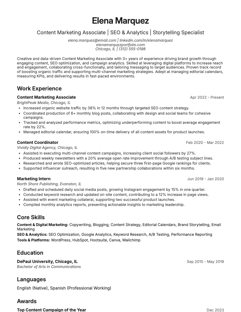 Content Marketing Associate Resume Example