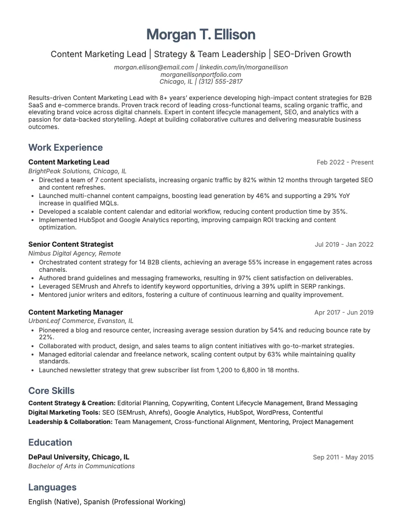 Content Marketing Lead Resume Example