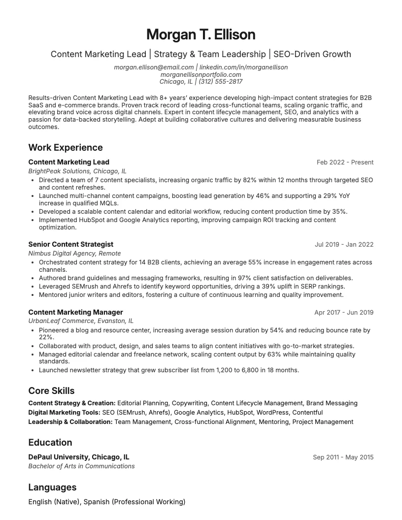 Content Marketing Lead Resume Example