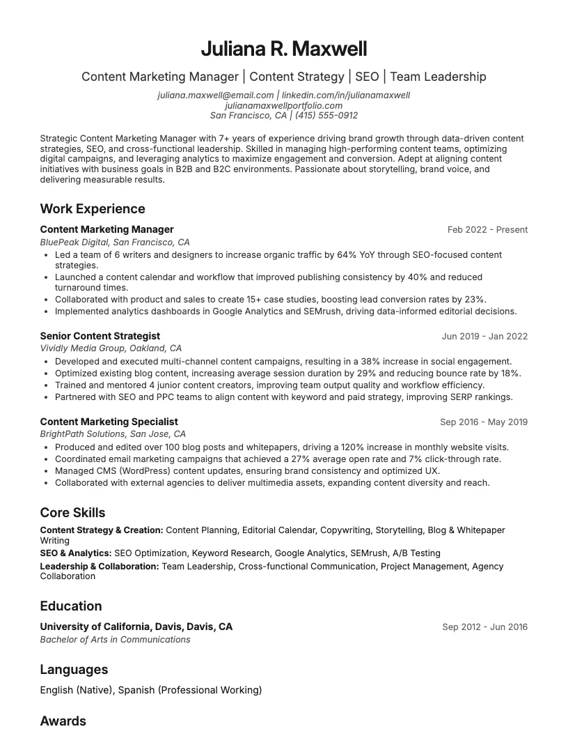 Content Marketing resume example