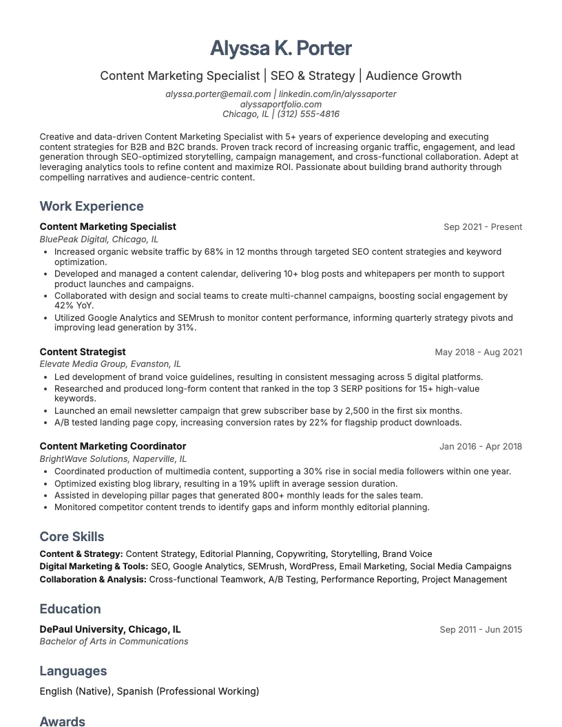 Content Marketing Specialist Resume Example