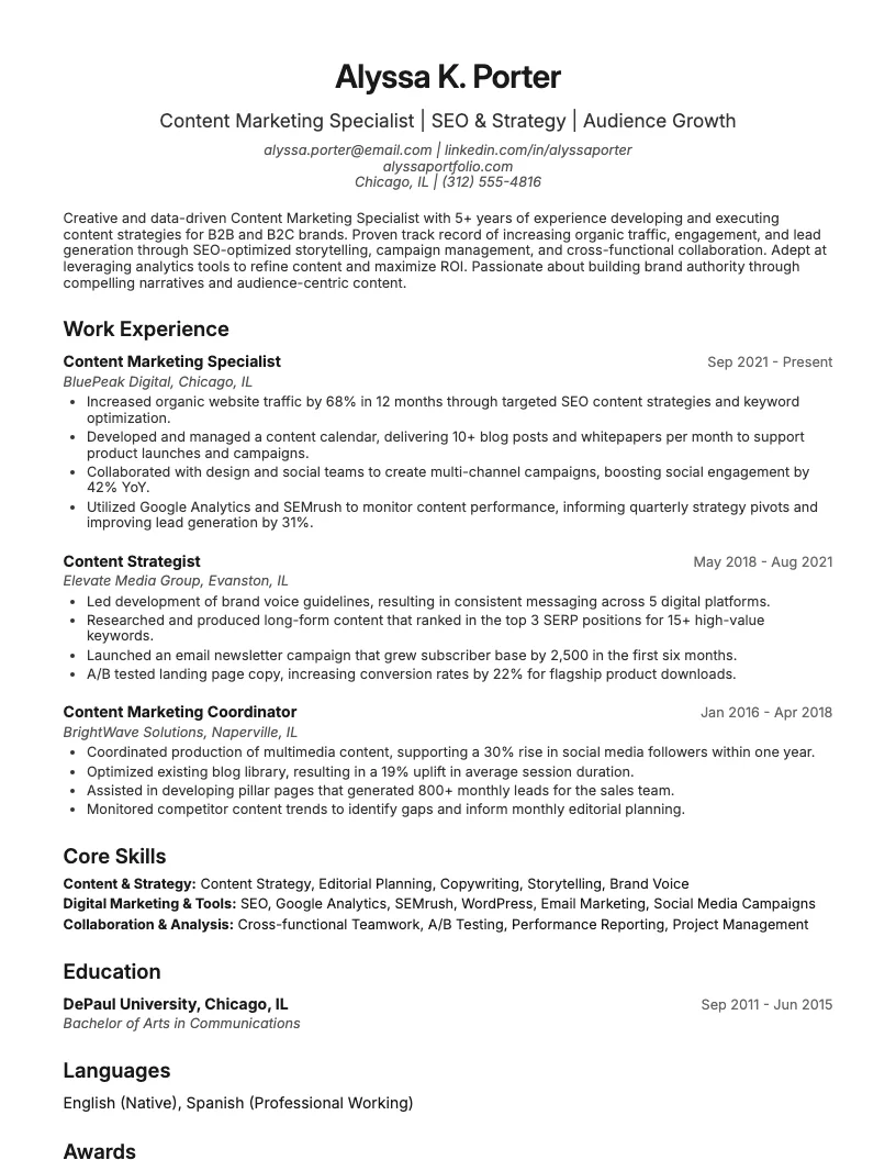 Content Marketing Specialist Resume Example