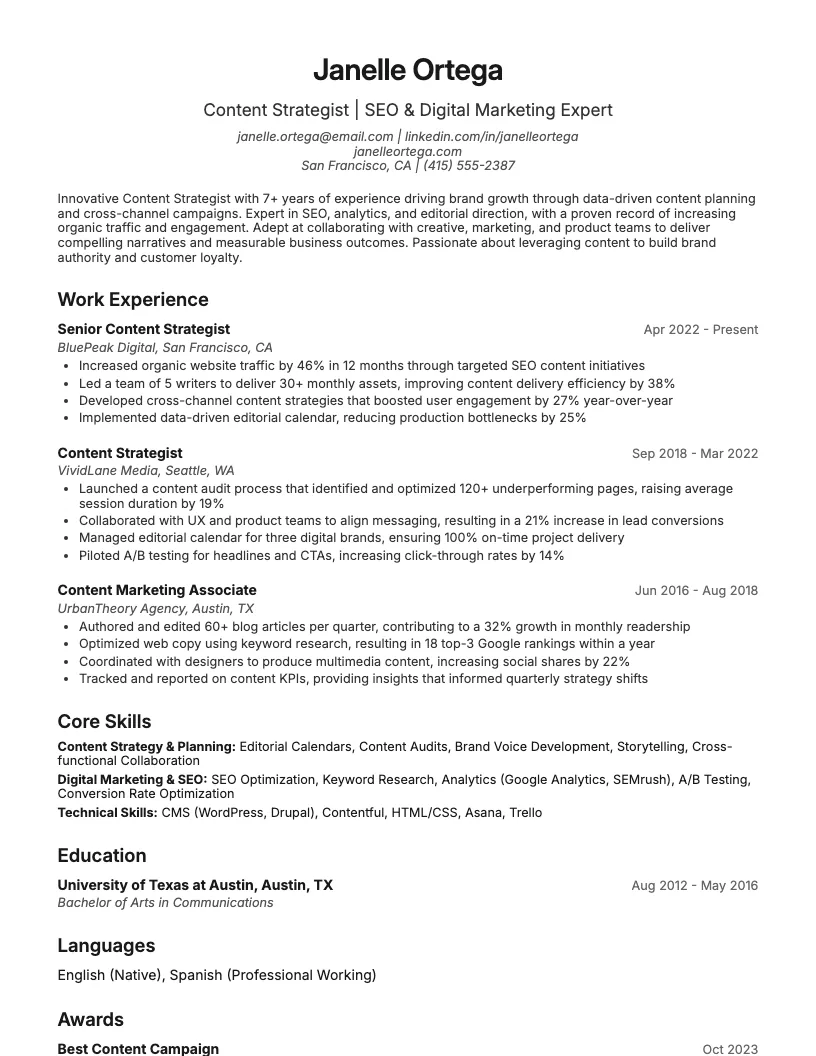 Content Strategist Resume Example