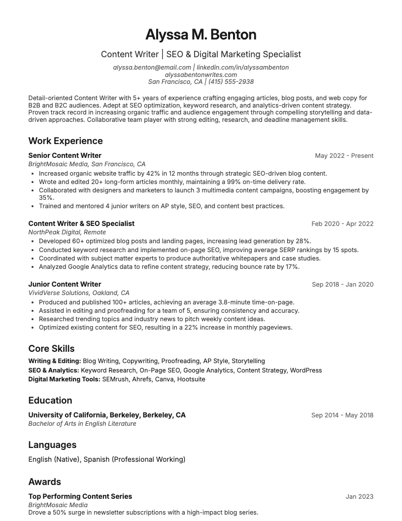 Content Writer Resume Example