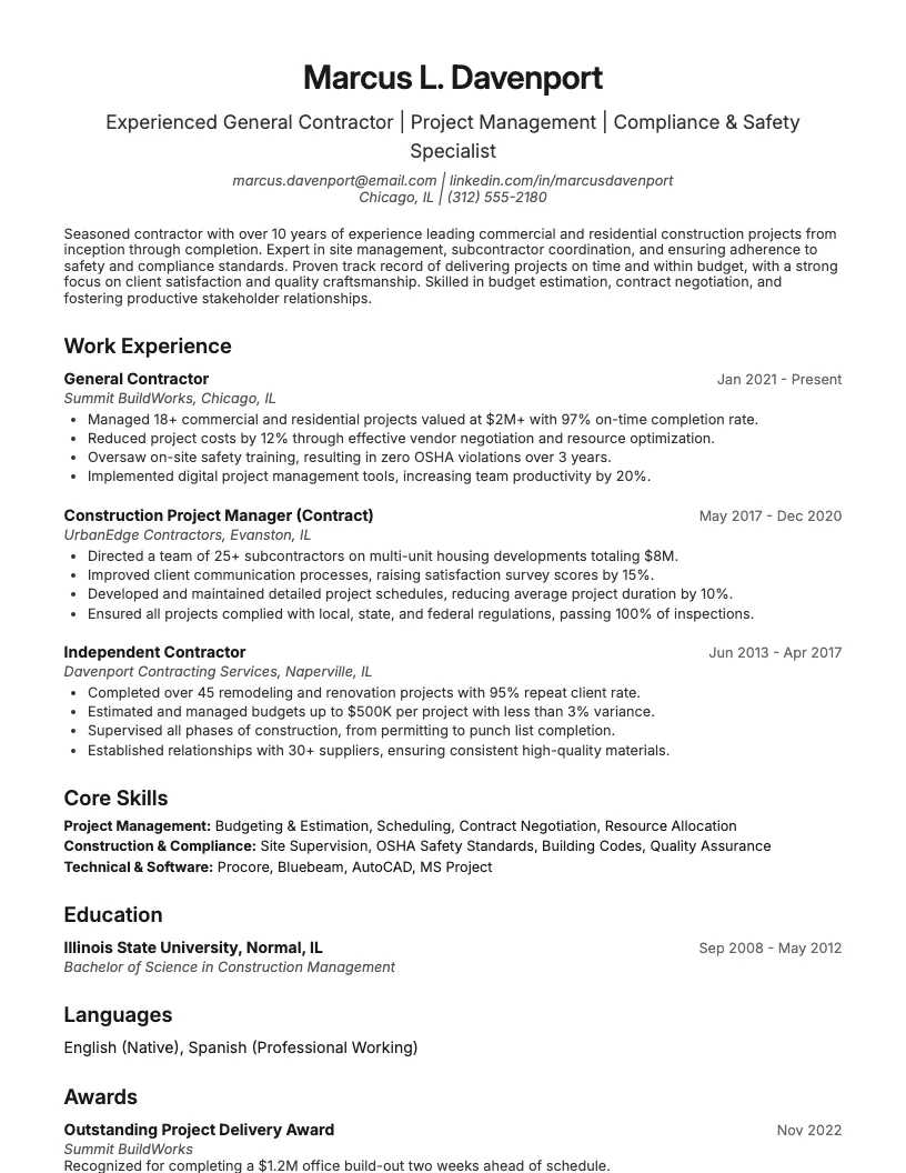 Contractor Resume Example