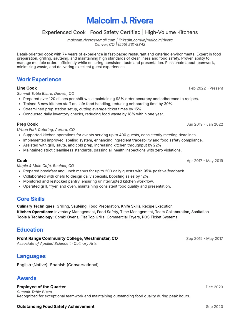 Cook Resume Example