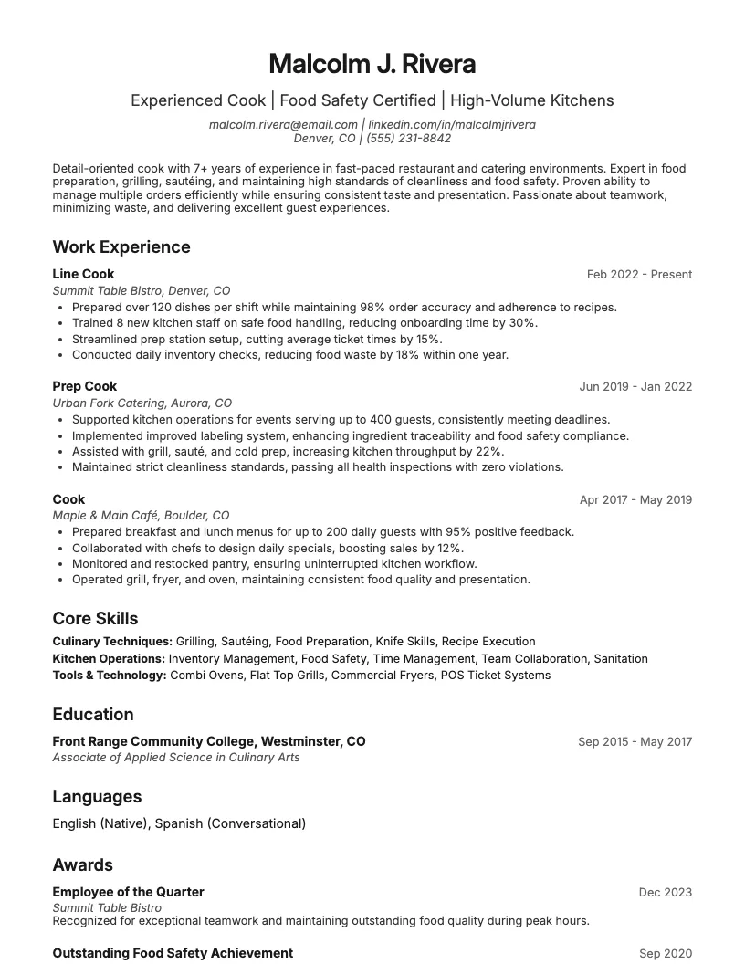 Cook Resume Example