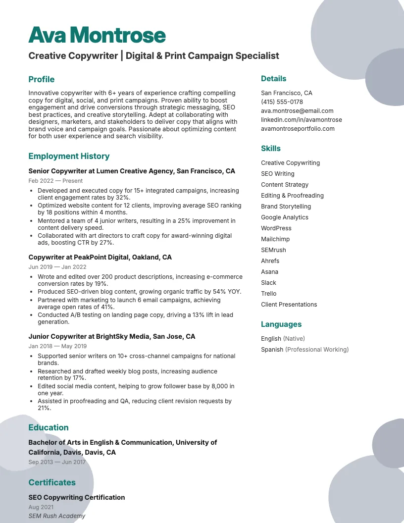 Copywriter Resume Example