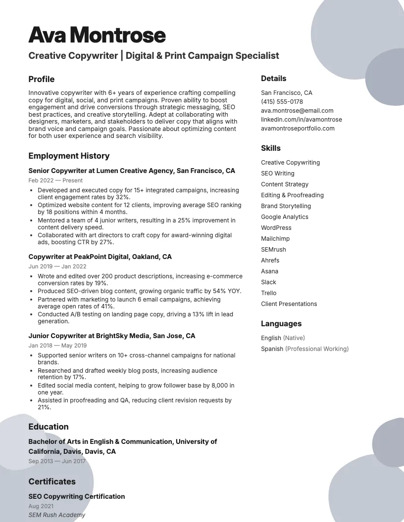 Copywriter Resume Example