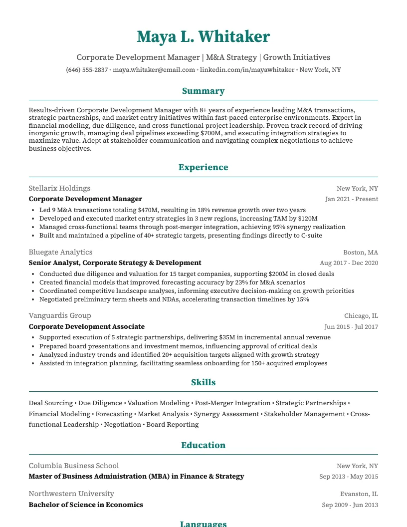 Corporate Development Manager Resume Example