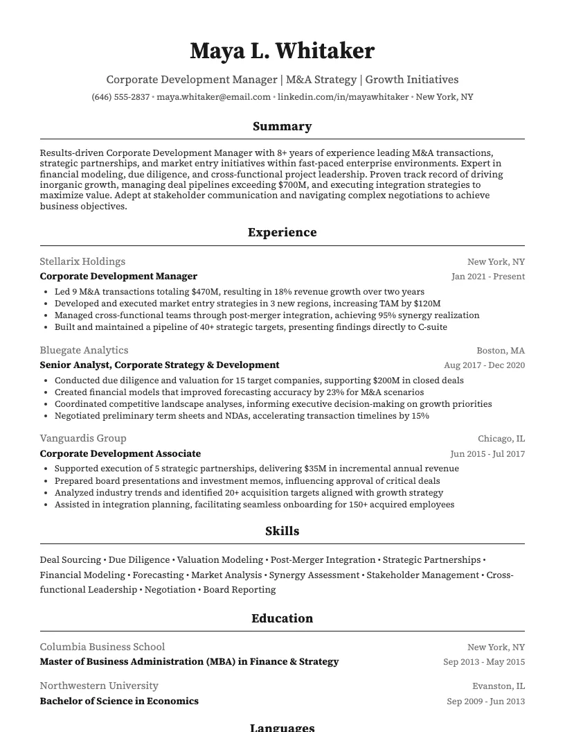 Corporate Development Manager Resume Example