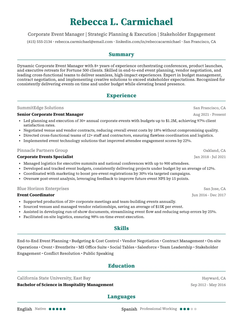 Corporate Event Manager Resume Example