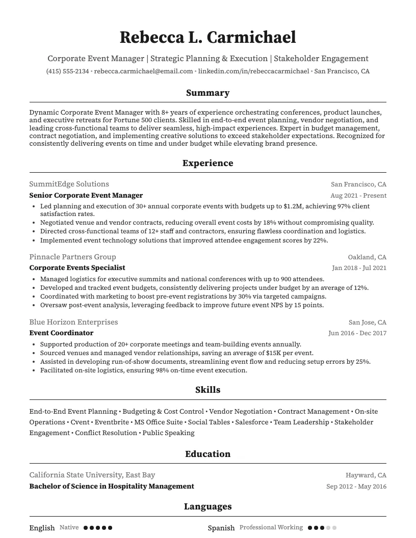 Corporate Event Manager Resume Example