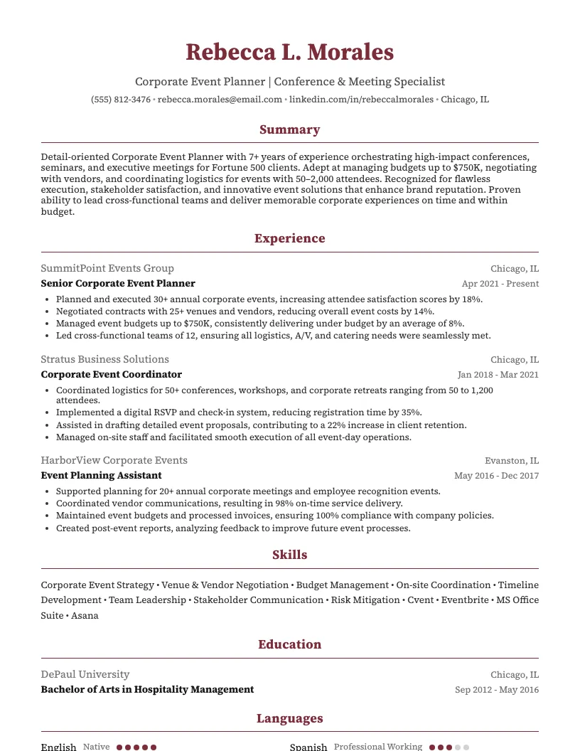 Corporate Event Planner Resume Example