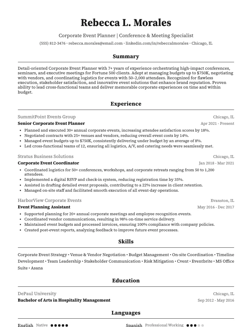 Corporate Event Planner Resume Example
