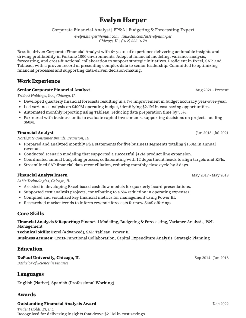 Corporate Financial Analyst Resume Example