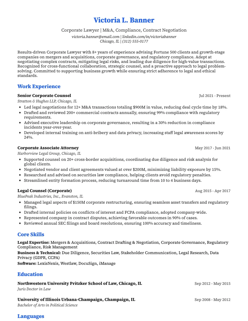 Corporate Lawyer Resume Example