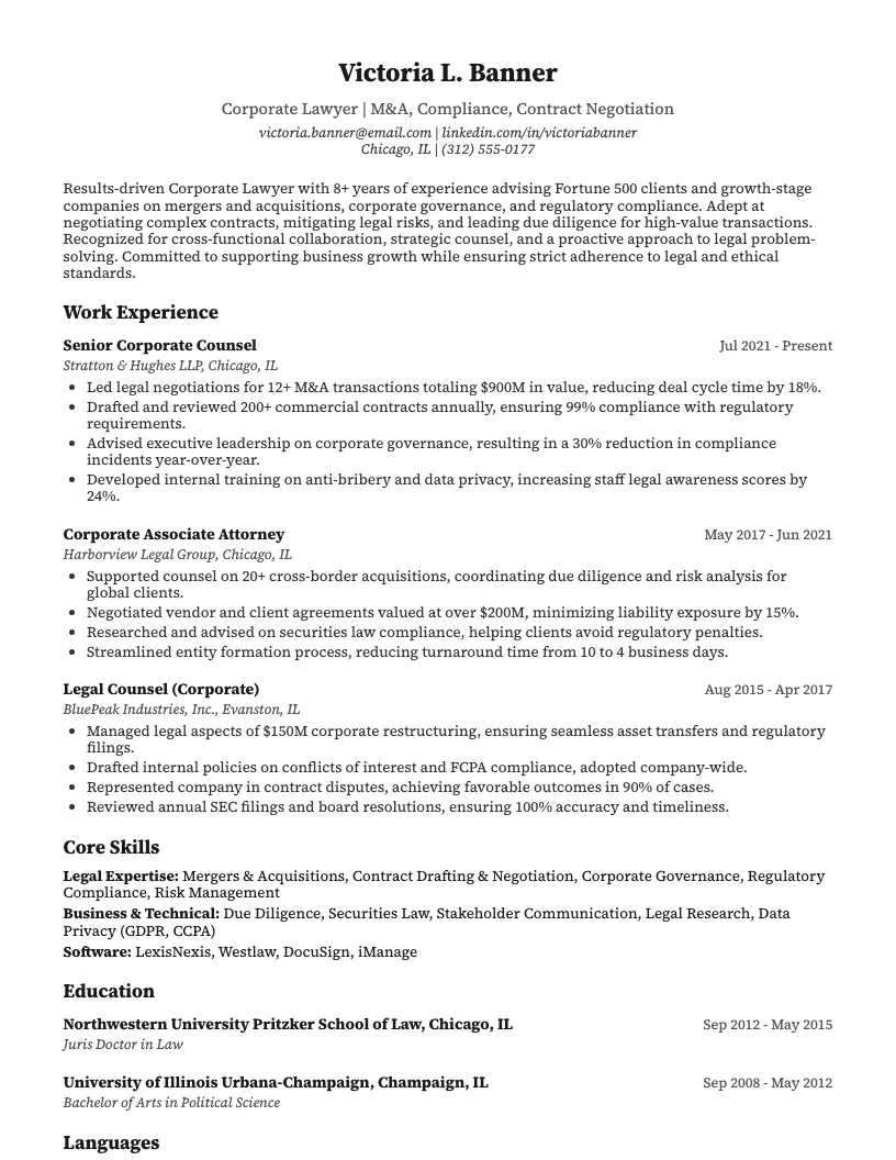 Corporate Lawyer Resume Example