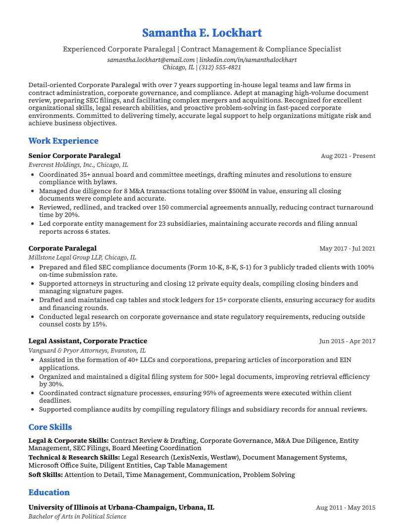 Corporate Paralegal Resume Example