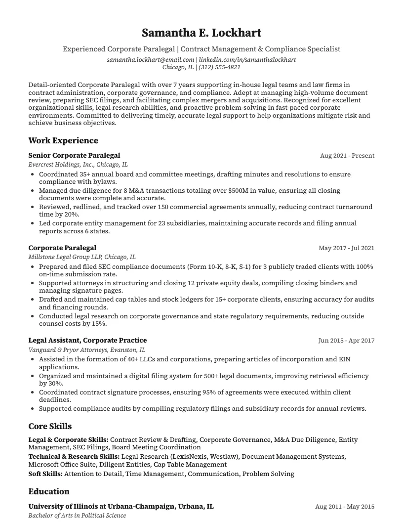 Corporate Paralegal Resume Example