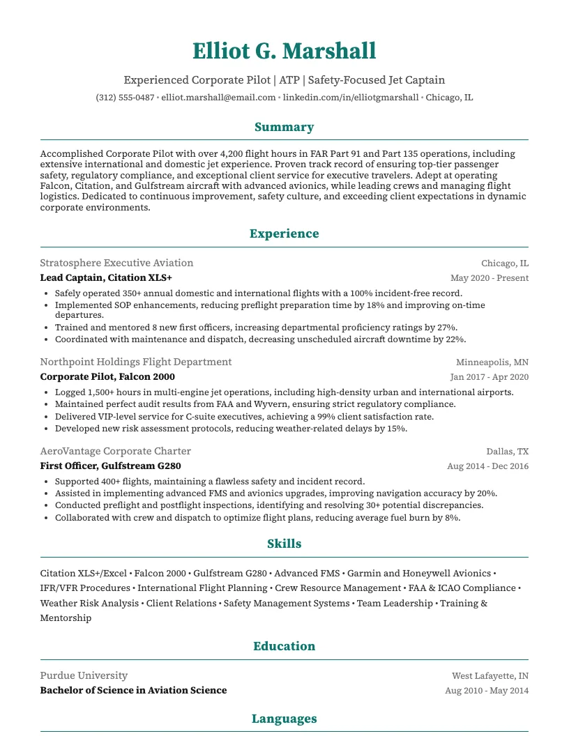Corporate Pilot Resume Example