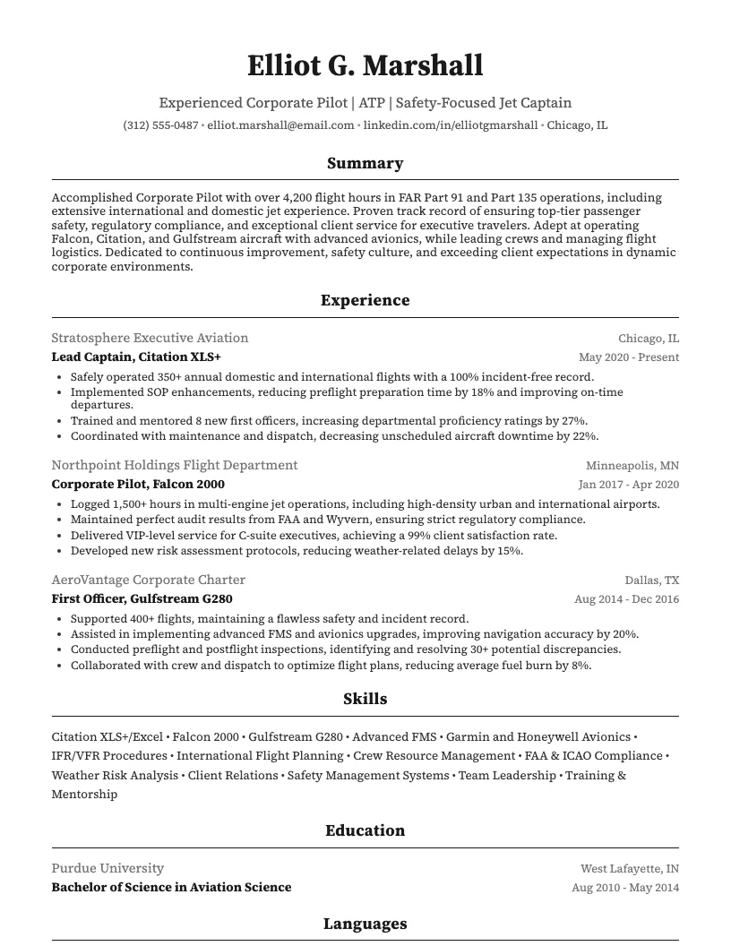 Corporate Pilot Resume Example